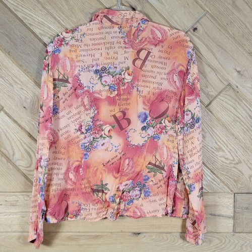 Tianello Womens Boho Floral & Script Print Button Up Sheer Shirt Blouse Size L - Picture 4 of 10