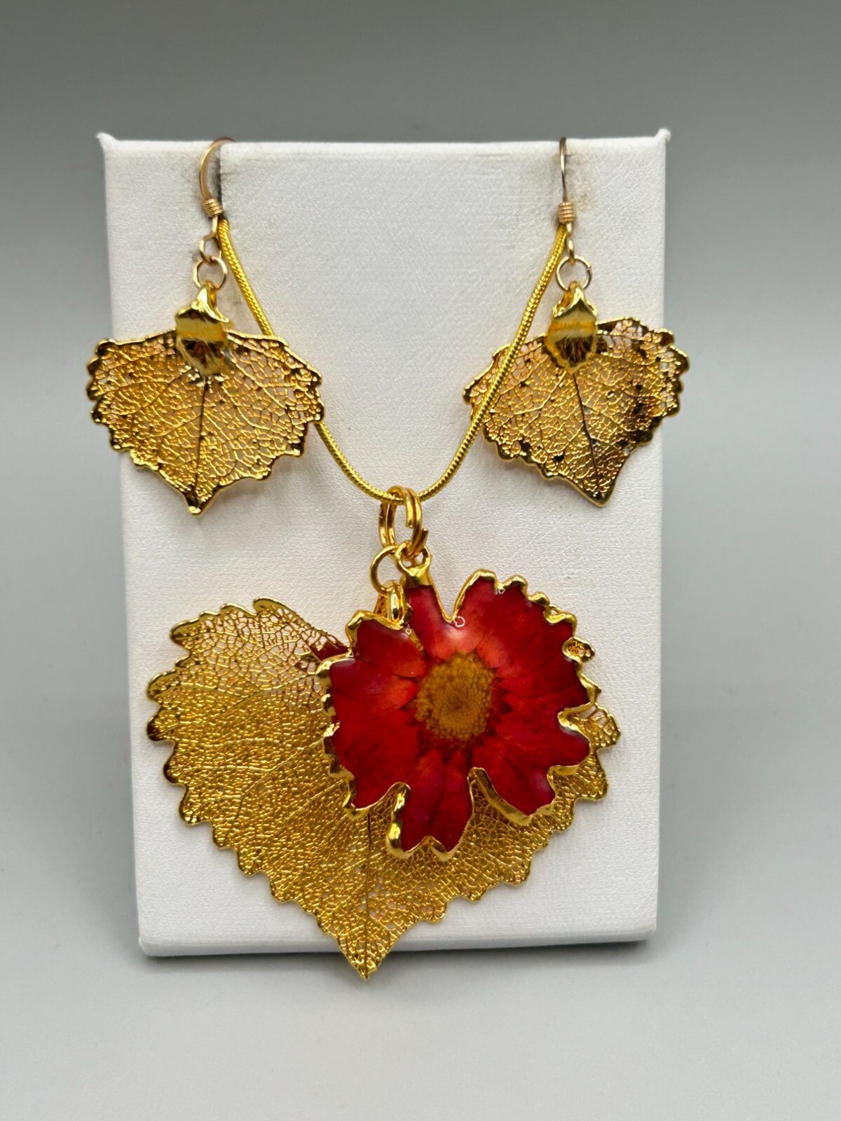 Gold Plated Dipped Leaf Necklace & Earrings Set W… - image 5