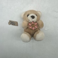 Vintage Animal Toys Inc Teddy Bear Plush Holding Chocolate Donut Tan White 6"