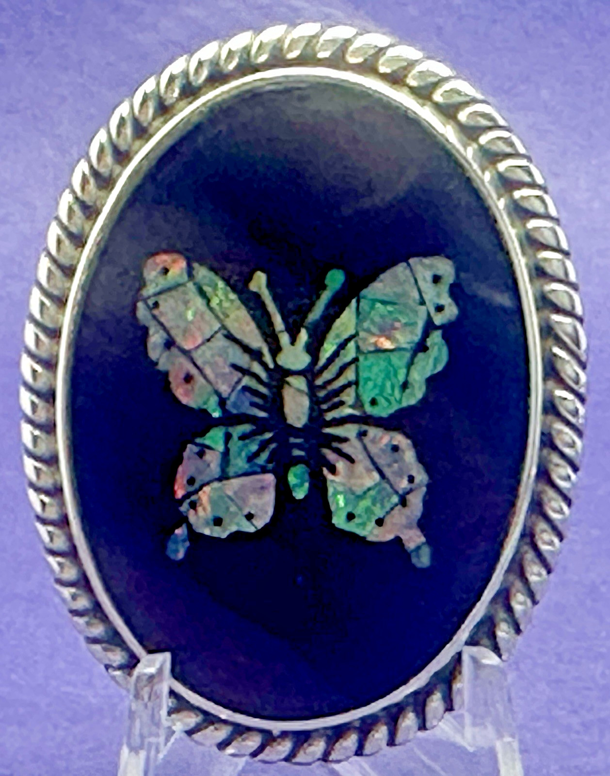 VINTAGE SOLID SILVER ABALONE & ONYX BUTTERFLY BRO… - image 10