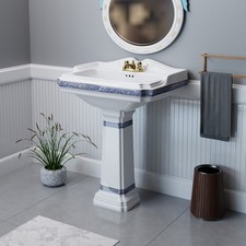 India Reserve White Bathroom Pedestal Sink Porcelain with Blue and Gold Finish