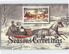 Estampilla postal de saludos de temporada pareja en carruaje de caballos