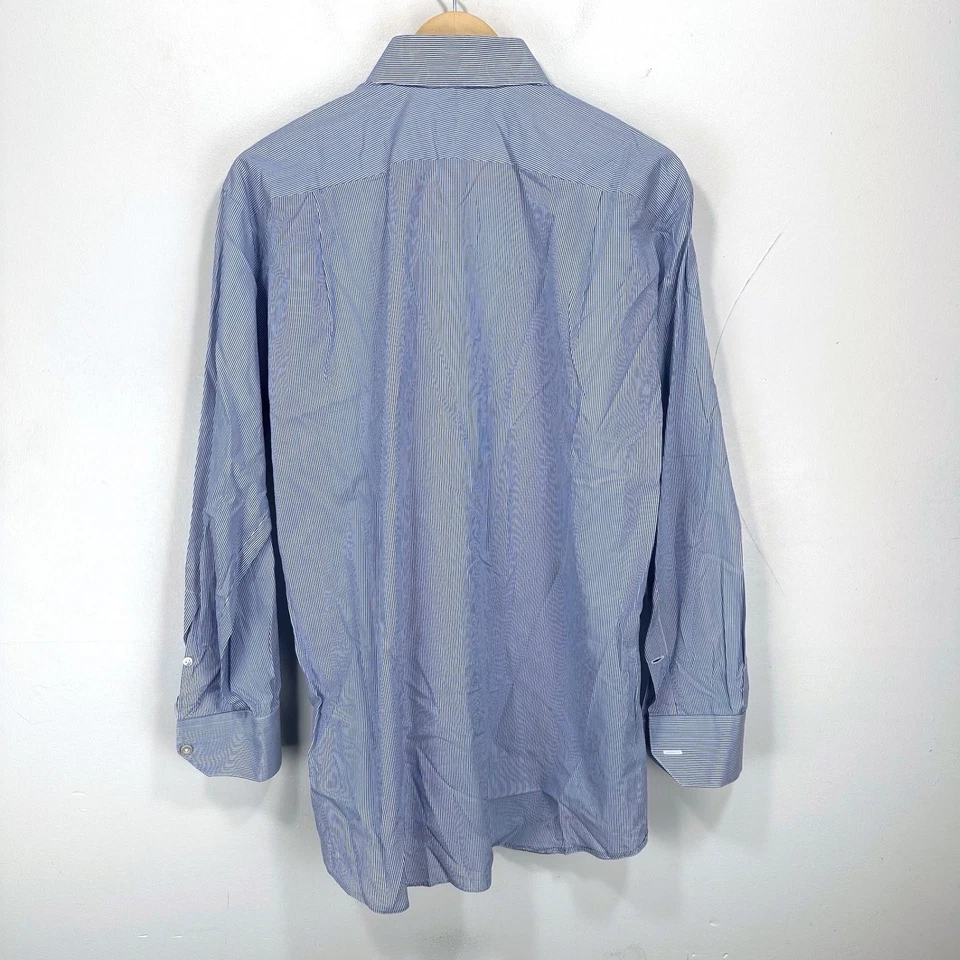 Oxxford 服装定制正装衬衫男式大号蓝色白色条纹棉质纽扣 — 第 2/4 张图片