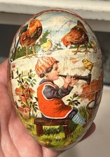 Antique 1920  s German Litho Paper Mache Easter Egg Candy Container Boy w/Horn