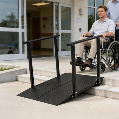 500lb Load Wheelchair Ramp, Steel Stroller Ramp, Hand Truck Ramp With Handrails
