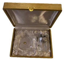 OLD VINTAGE ROYAL KENDALL HAND CUT GLASS TABLE LIGHTER ASH TRAY WOOD BOX