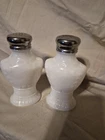 Vintage Salt Pepper Shakers Large Opaque White Milk Glass Scroll Pattern Preown
