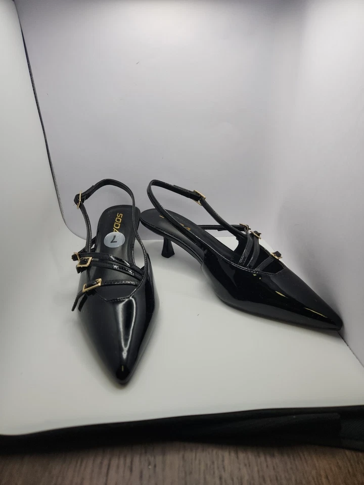 Soda Pointed Toe Kitten Heel Slingback Dress Pumps. Size 7 Black - Image 2 of 4