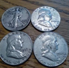 Lot of 4 Silver Half Dollars - (3) Franklin 1954, 1957, 1963 & (1) Liberty 1943