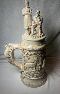 Vintage Large Handmade Ceramic Lidded Stein German Couple and Wildlife Motif