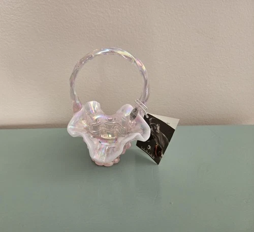 Vintage Fenton Pink Opalescent Glass 6" Basket dated 2000
