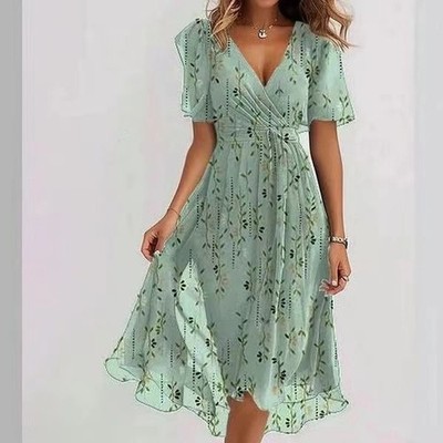 Chiffon Printed Short Sleeve Dress Summer Elegant V-neck Dresses Womens-Clothing