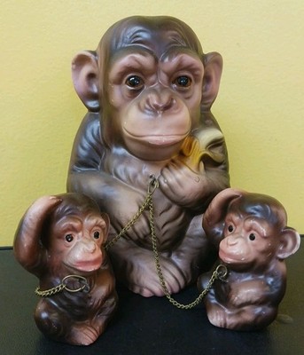 Monkey with Babies on Chain Vintage Chimp Ceramic Decorative Collectible