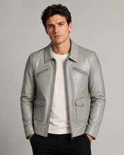 Men's Light Gray Leather Jacket with Zip Chest and Flap Pockets