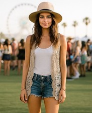 Vintage Kroshetta Crochet Open Vest Medium Tan Boho Hippie Festival Cottage