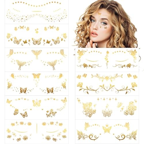Glitter Butterfly Rose Face Tattoos Temporary for Women and Girls 10 Sheets,