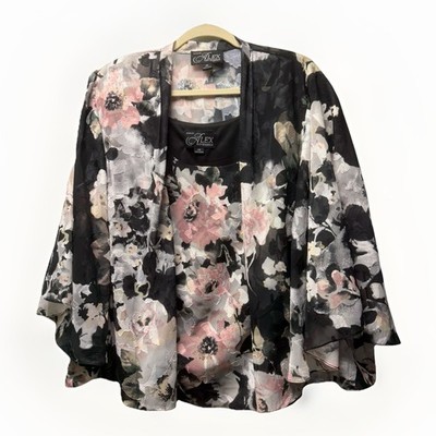Alex Evenings Sz 2X 2pc Sheer Tier Hem Floral Luxe Boho Romantic Kimono Cardigan