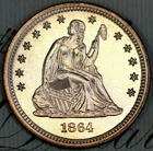 1864 PRISTINE+ GEM PROOF SEATED LIBERTY QUARTER DC408 RARE ONLY 470 MINTED!