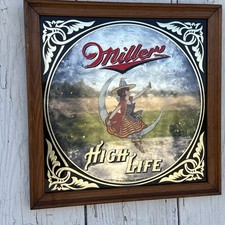Ancien panneau miroir bar Miller High Life fille dans la lune 1980 14” x 14” cadre bois
