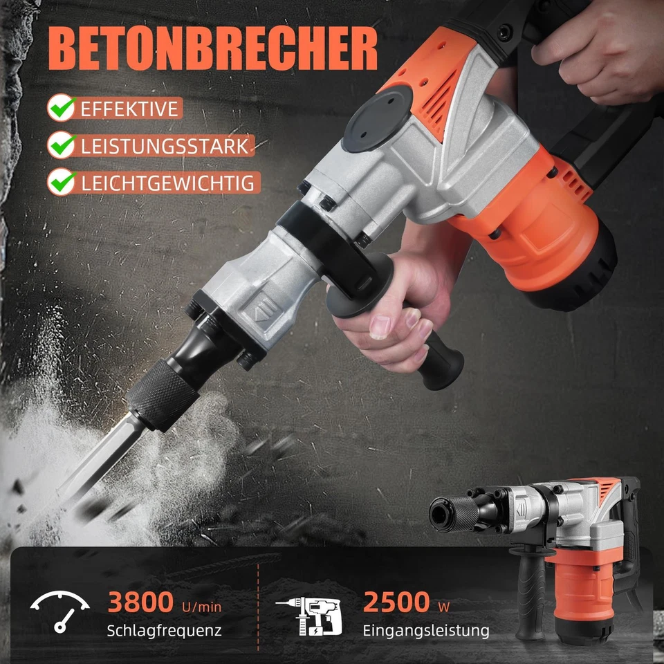 Elektro Abbruchhammer 2500W Stemmhammer 25J 3 Meißel-Set Schlaghammer Mit Koffer - Bild 2 von 4
