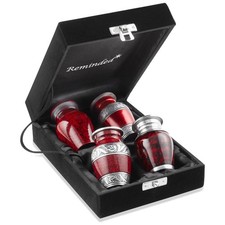 Set of 4 Cremation Urns for Human Ashes, Silver Red Keepsake with Velvet Case