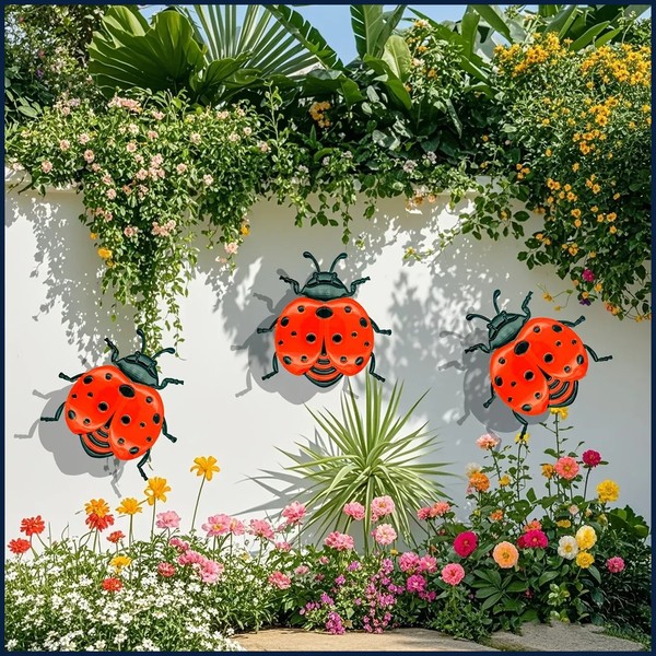 3 piezas Metal Ladybug Decoración Pared Colorido Jardín Decoración Exterior Interior Metal