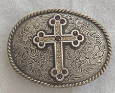 NOCONA Belt Buckle Oval Silver Plated Gold Trim With Rhinestone Cross