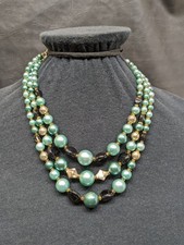 Vintage Japan Beaded Necklace Faux Pearl 3 Strand MCM Retro Statement 16"