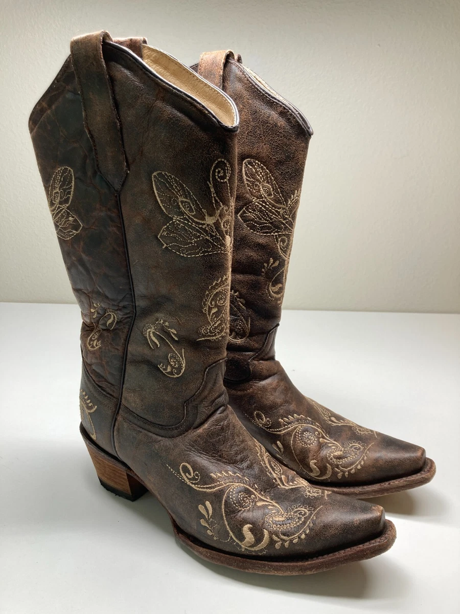 Circle G Boots 9.5 Dragonfly Embroidered Brown Distressed Leather Snip Toe