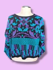Vintage 80s Floral Design Sweater Size 42/L Purple/Turq/Black Grandma Retro