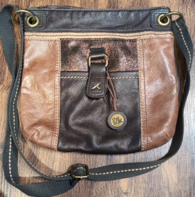The Sak Cognac Leather Messenger Bag Boho Crossbody Satchel Shoulder Purse The Sak Embossed Floral Design Boho Tan Leather Crossbody  main image 2