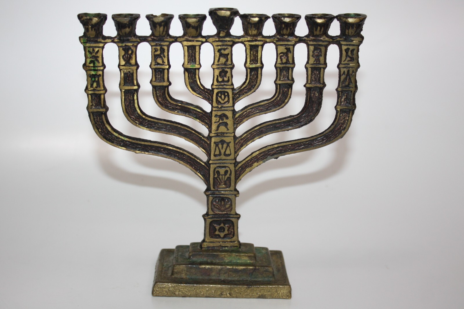 Old Vintage Brass Zodiac Signs Judaica Hanukkah Jewish Menorah Israel 9