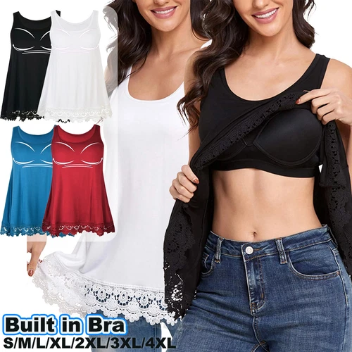Plus Size Tank Tops Women Loose Vest Wide Strap Elegant Blouses w/ Built-in Bra