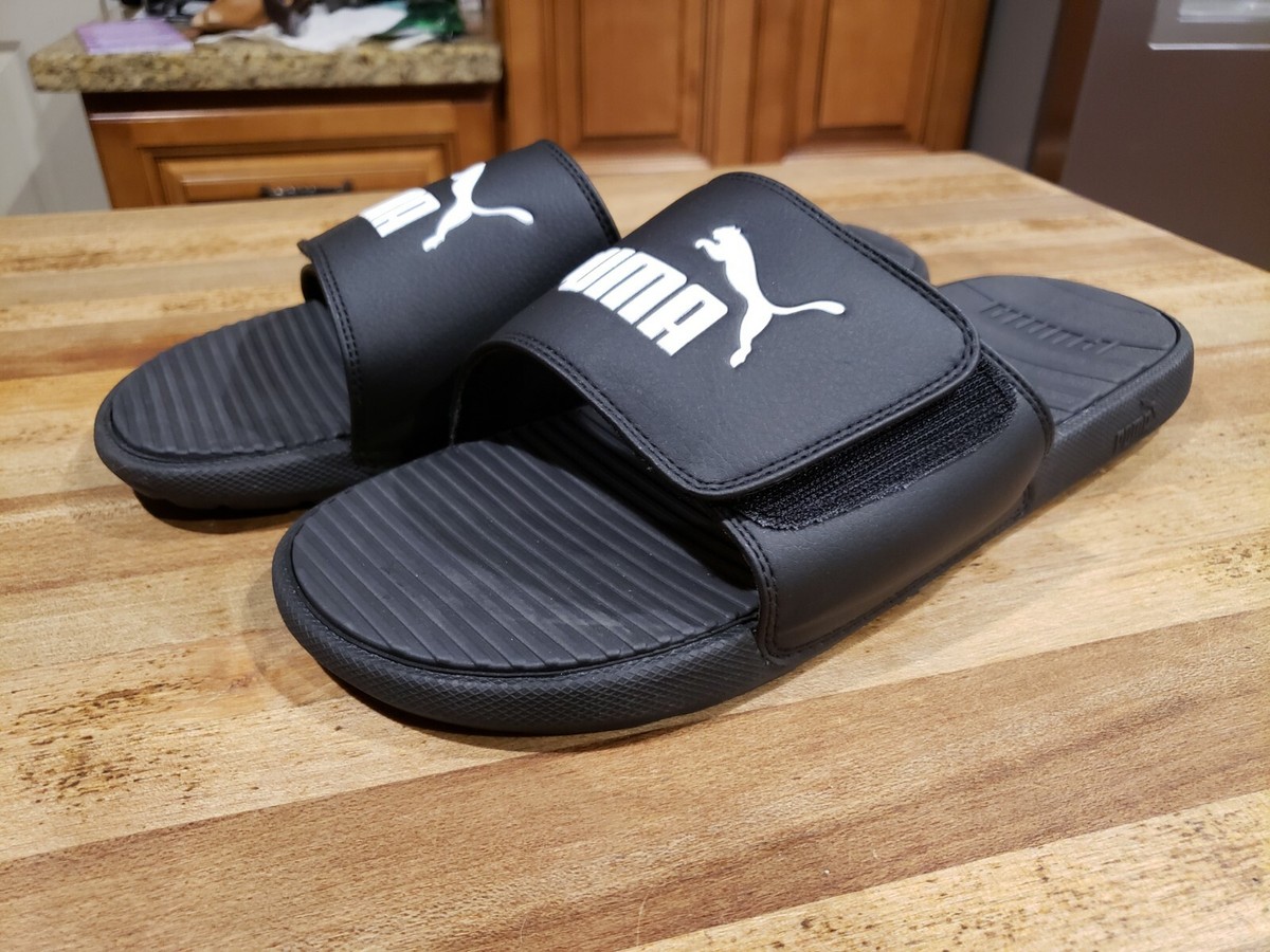 Mens 11 Puma Black & White Popcat slides Nwob hook and loop  display picture 1