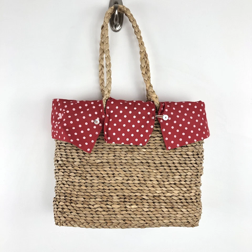 Bolso de Mano de Paja Grande 15x12x4 Extraíble Forro Bolsillo Interior Rojo Lunares AQ1 Foto 3 de 4