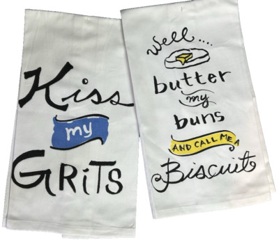  Kiss My Grits!  Kitchen Towels 100% Cotton Funny Christmas Gift Set Of 2