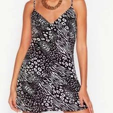 Nasty Gal 6 animal print black white spaghetti cami dress
