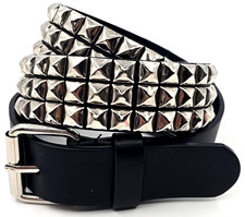 Vegan Faux Leather Belt 3 Row Pyramid Studded Black Silver Men's M 32-36 Waist