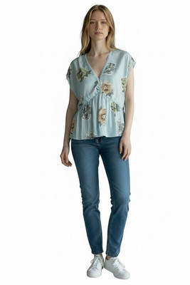 Johnny Was Blue Floral Silk V-Neck Woven Lace Trim Cap Sleeve Blouse XS