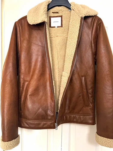 JACK & JONES Aviator Bom Jacket Men’s M unisex brow Faux Leather Shearling Lined video thumbnail