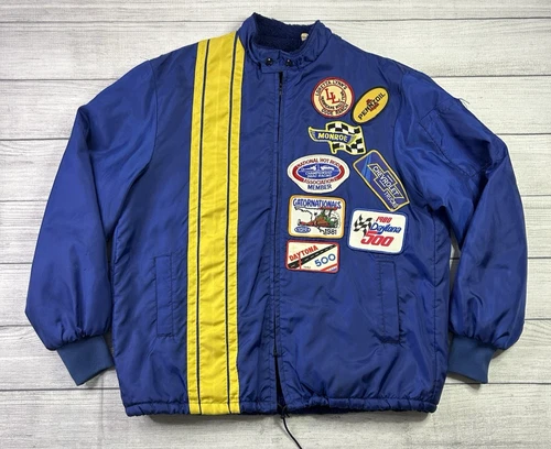 Vintage 80s Racing Jacket Mens XL Blue Yellow Daytona 500 NHRA NASCAR Patches - product listing photo