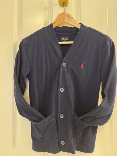 Ralph Lauren Boys Cardigan Medium 10/12 Long Sleeve Blue 100% Cotton