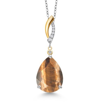 7.05 Ct Brown Tiger Eye G/H Lab Grown Diamond 925 Silver and 10K Yellow Gold