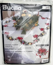 Bucilla Stamped Embroidery Christmas Garland Tablecloth 60" Round 1998 New 83966