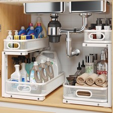 2 Pack Under Sink Organizer W/ Smooth Cylindrical Rail,2-Tier Pull Out