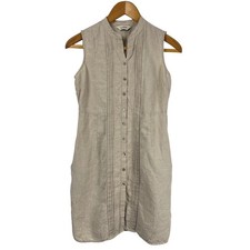 LL Bean Women 6 Beige 100% Linen Sleeveless Pintuck Shift Dress Lagenlook