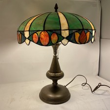 Vintage Leaded Stained Glass Table Lamp 19" x 14.5" In Working Condition