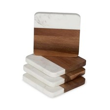 Marble and Acacia Coasters, Modern Square Coasters, Set of 4 Acacia and Marble