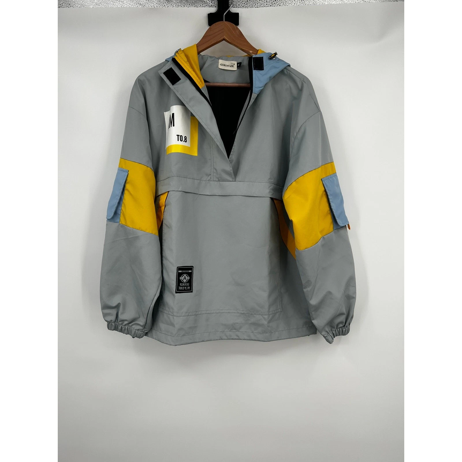 GURUNVANI Color Block Anorak Windbreaker Hoodie Gray Yellow Blue Men Size M