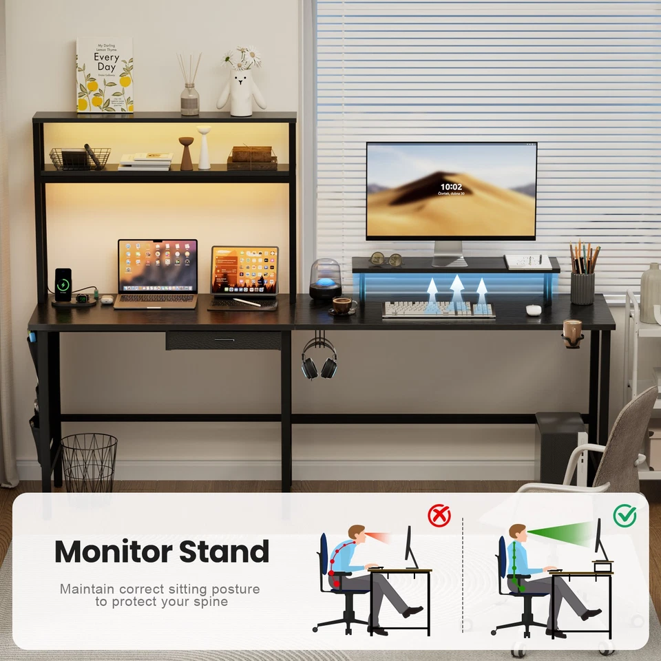 Escritorio para juegos en forma de L con LED y tomas de corriente, escritorio para computadora con soporte para monitor Foto 4 de 4